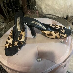 Donald J. Pliner Leopard Print Open-Toe Mules with Black Trim
